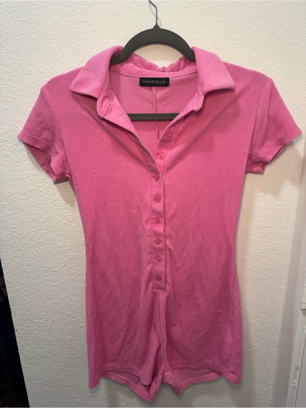Honeybum Pink Short-Sleeve Button-Front Polo Romper Top